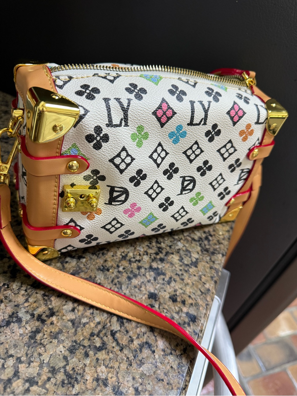 White Multicolor Monogram Crossbody Bag With Gold Hardware